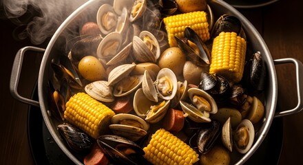 Steaming Seafood Boil with Corn, and Potatoes.