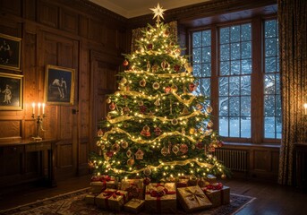 Fototapeta premium Majestic Christmas Tree in a Snow-Covered Winter Wonderland