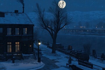 Snowy, moonlit town by a river at night