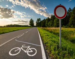 Scenic rural road with bike lane at sunset