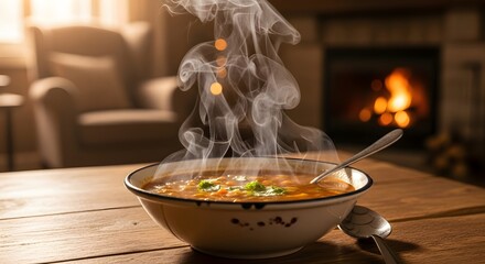 Steaming soup with cozy fireplace, and home.