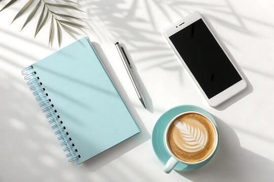 Bright overhead view of a light blue notebook smartphone and latte coffee on a white surface - Powered by Adobe