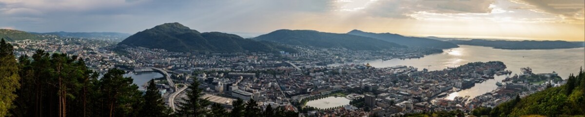 Fototapeta premium Cityscape view through trees, with mountains in the background.