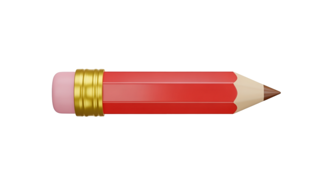 Red Pencil with Gold Band and Pink Eraser on Transparent Background