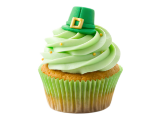 A st patrick's day cupcake with green frosting and a small green hat on top isolated on black background