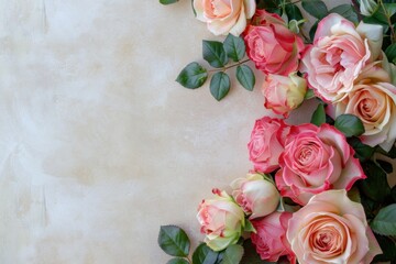 pink roses Flowers on textured Background, Elegant Bouquet of rose with Copy Space, Blooming pastel roses on Artistic Surface.