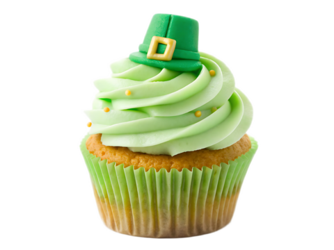 A st patrick's day cupcake with green frosting and a small green hat on top isolated on black background
