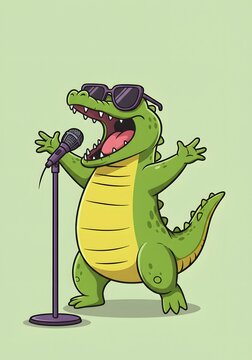 Funny Cartoon Alligator Singing on Stage with Microphone and Sunglasses