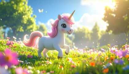 Pink Unicorn in Vibrant Flower Field