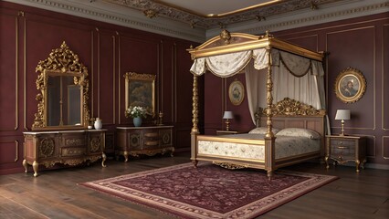 Ornate bedroom featuring a four poster bed and antique furniture