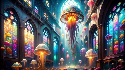 Jellyfish Floating in Ornate Cathedral with Stained Glass