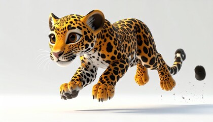 Playful Cartoon Jaguar Cub Leaping on White Background