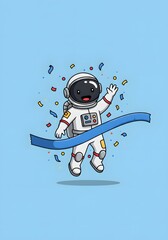 Happy Astronaut Crossing Finish Line with Confetti