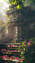 Ancient Temple in Bloom: An aged temple, overgrown with vibrant floral blooms, basks in dappled sunlight, symbolizing nature's triumph over time and man-made structures.