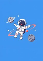 Happy Astronaut Floating in Space with Planets and Stars Illustration