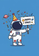 Happy Astronaut Holding "Happy Space" Sign with Planets and Confetti