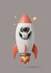 Happy Astronaut in Rocket Ship Launching into Space with Stars and Planets