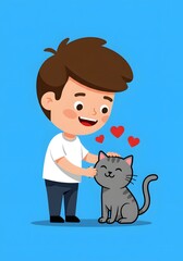 Happy Boy Petting Adorable Cat with Hearts
