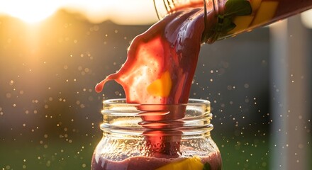 Sunset Smoothie Pour with Mason Jar.
