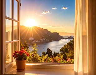 Scenic sunrise view from window