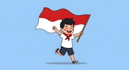 Happy Boy Running with Indonesian Flag