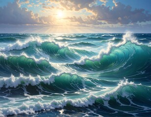 Dynamic ocean waves at golden hour