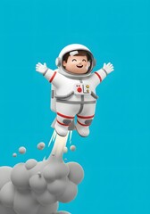 Happy Cartoon Astronaut Flying with Jetpack and Smoke