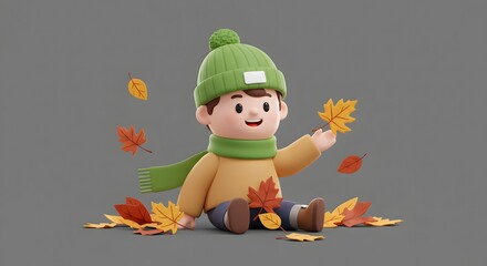 Happy Cartoon Boy Sitting with Falling Autumn Leaves, 3D Render