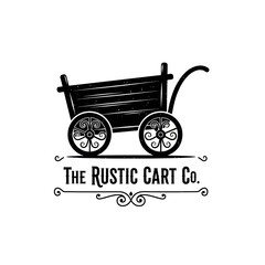 Black and white logo for The Rustic Cart Co. featuring a vintage wooden cart with ornate wheels and decorative flourishes.