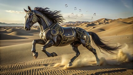 Black Horse Galloping Through Desert Dunes with Music Notes