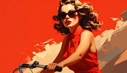 Vintage Red Dress Cyclist in Bold Style