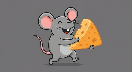 Happy Cartoon Mouse Running with a Big Wedge of Cheese