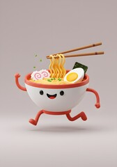Happy Cartoon Ramen Bowl Running with Chopsticks and Egg