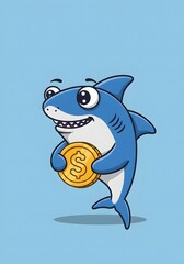 Happy Cartoon Shark Holding a Gold Coin with Dollar Sign