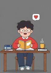 Happy Child Reading a Book at a Desk with Coffee and Books