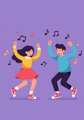 Happy Couple Dancing to Music with Notes and Stars