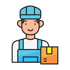 A delivery person in blue overalls and cap holds a box