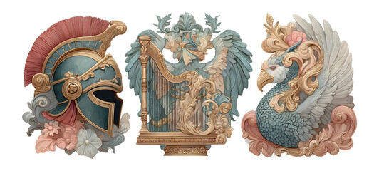 Ornate Illustrations of Armor, Harp, and Mythical Creature in Vintage Art Style