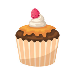 A cupcake with frosting and a strawberry topping