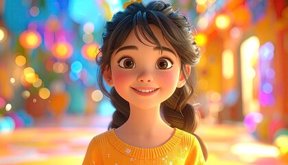 Smiling Girl in Yellow Sweater, 3D Rendered Portrait