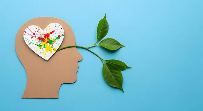 World Heart and Mental Health Day. Paper Cut as Human Head with Leaf Tree and Colorful Heart Shape Flower inside the Brain. Psychology, Creativity and Positive Mind Concept - Powered by Adobe