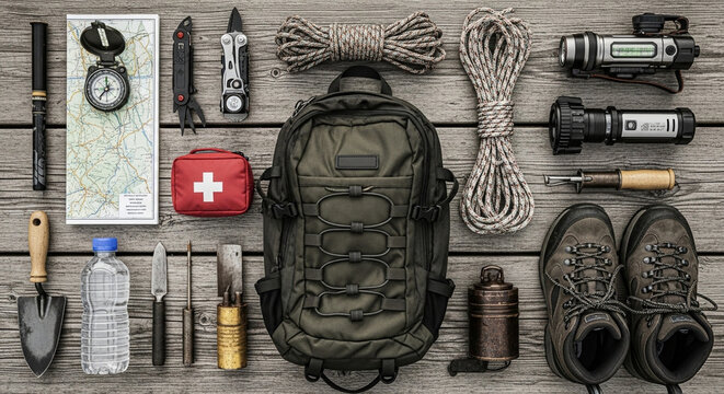 Survivalist's emergency preparedness kit with backpack, tools, and essential survival gear laid out flat on a wooden surface, ready for an outdoor adventure or disaster scenario