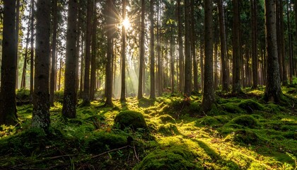 Sunlight streams through a dense forest, illuminating the mossy ground and tall, slender trees. The scene captures a sense of peace and natural beauty