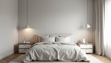 A tranquil bedroom interior with a muted color palette, showcasing a comfortable bed and simple furnishings.