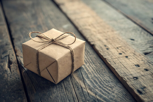 Simple brown paper wrapped gift tied with twine on rustic wooden surface