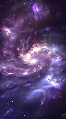 Celestial Swirl: A mesmerizing spiral galaxy explodes with vibrant purples and blues, showcasing the vastness and mystery of the universe in a photorealistic depiction.