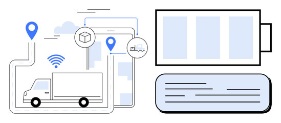 Truck moving on route with GPS icons, tablet, wireless signal, and abstract battery. Ideal for logistics, delivery, supply chain, fleet tracking shipment management technology connectivity. Simple