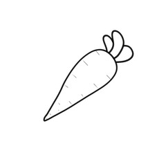 Black and white carrot illustration. Carrot sketch on a white background. Carrot drawing with a simple black border. Hand drawn carrot illustration.