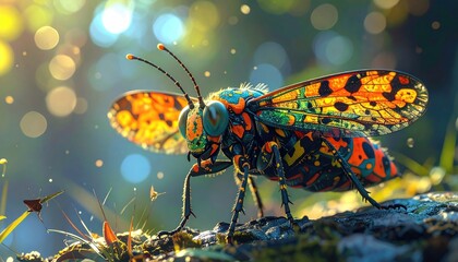 Vibrant Insect on Forest Floor in Sunlight