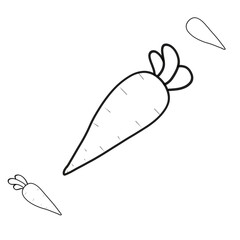 Black and white carrot illustration. Carrot sketch on a white background. Carrot drawing with a simple black border. Hand drawn carrot illustration.